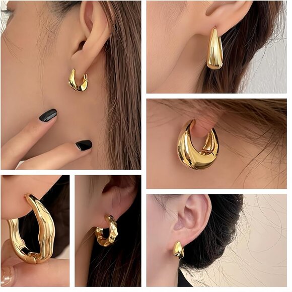 6 Pairs Gold Hoop Earrings Set for Women, 14K Gold Plated Huggie Chunky Earring - Picture 3 of 9